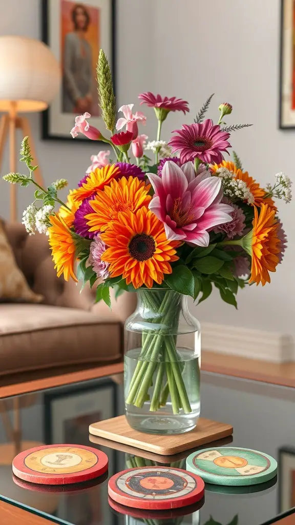 15 Creative Coffee Table Arrangement Ideas to Elevate Your Living Space 2 A colorful floral arrangement featuring sunflowers, daisies, and lilies in a clear vase on a coffee table.