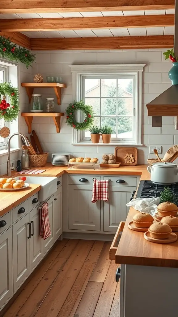 27+ Rustic Farmhouse Christmas Decor Ideas You’ll Love 15 A rustic farmhouse kitchen decorated for Christmas with baked goods on the counter.