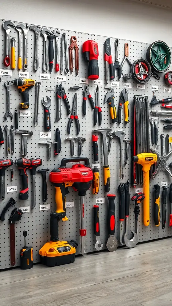 A well-organized tool wall with various tools and labels for easy identification.
