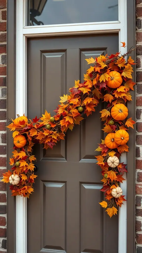 23+ Charming Fall Door Decorations to Welcome the Season 5 Colorful fall garland with pumpkins and leaves on a door