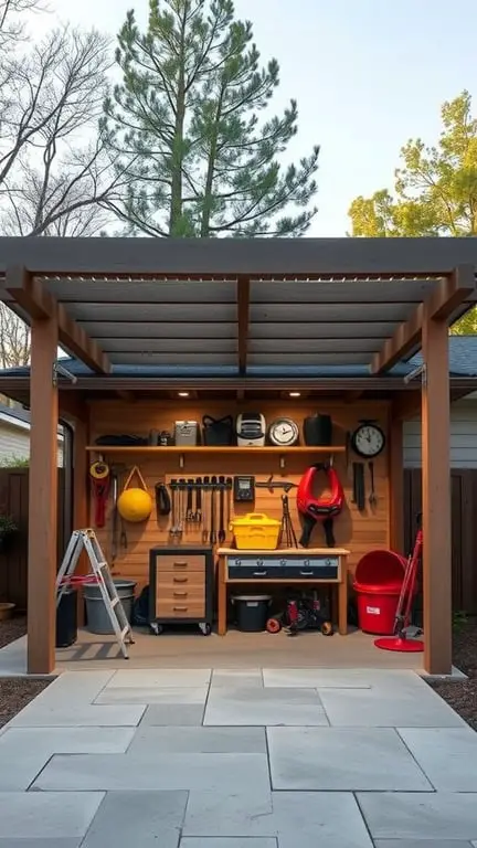 17+ Inspiring Garage Pergola Ideas for Your Outdoor Space 14 A pergola with integrated storage solutions featuring tools and equipment organized on shelves.