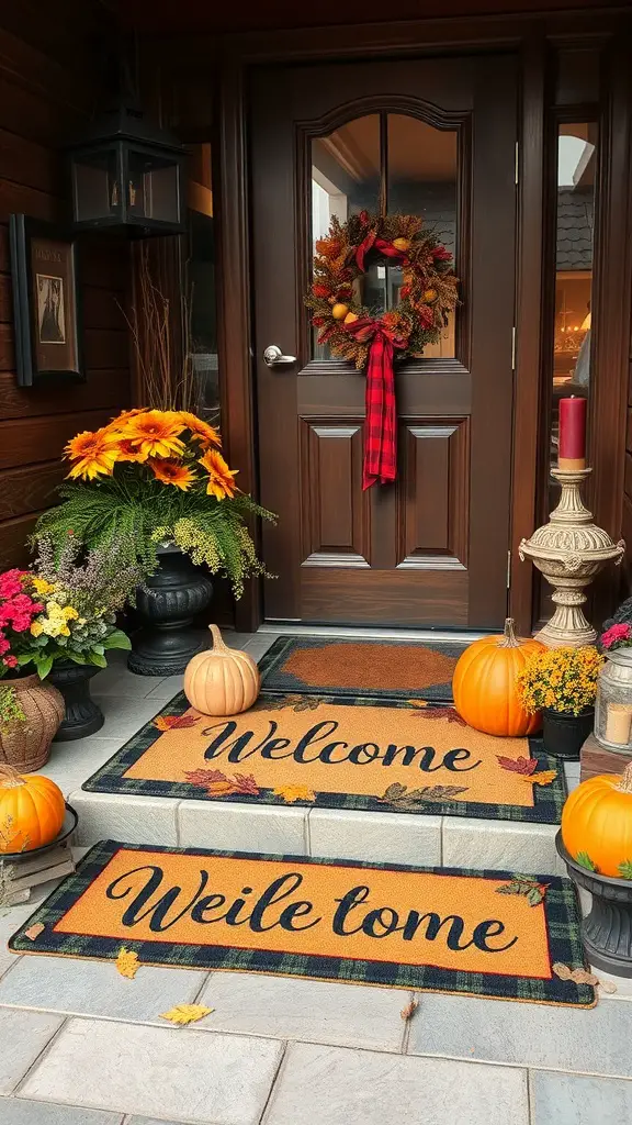 A charming entryway with welcome mats, pumpkins, and flowers, creating a cozy fall atmosphere.