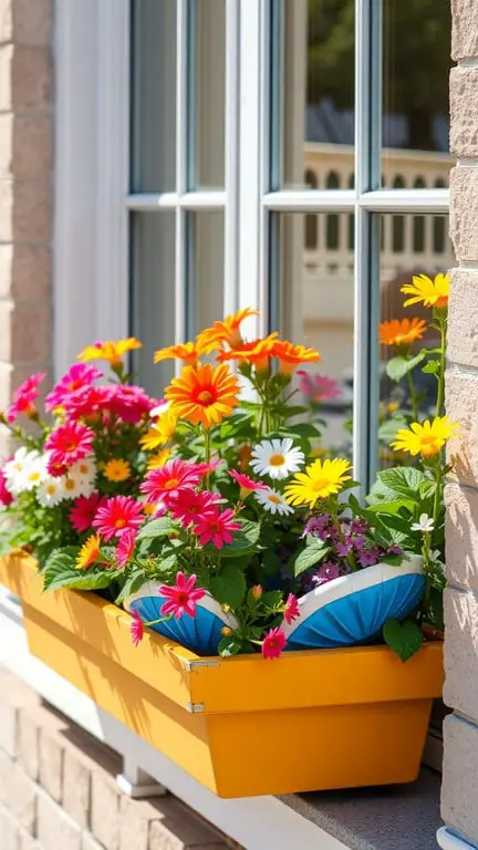 17+ Creative Mini Garden Ideas for Small Spaces 2 A colorful window sill flower box filled with various flowers in a bright yellow planter.