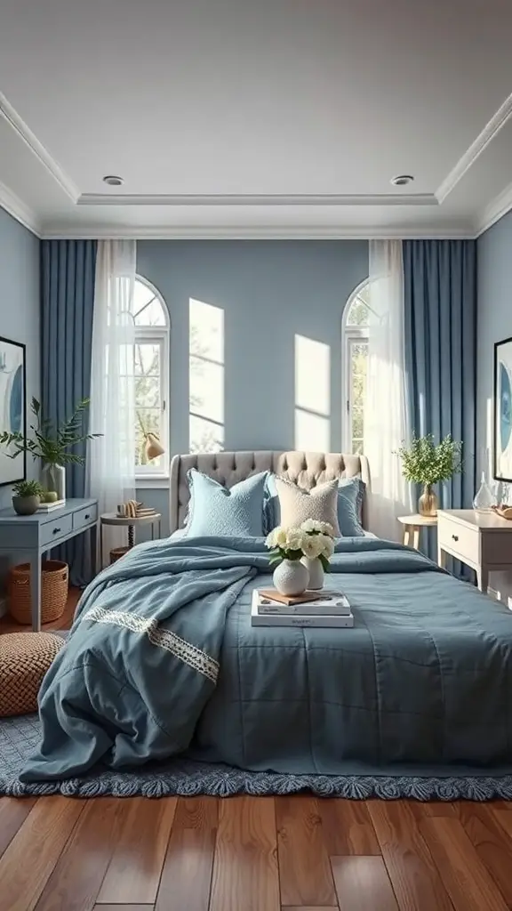 23+ Stunning Blue and Grey Bedroom Ideas You'll Love 1 A serene blue and grey bedroom with a cozy bed, natural light, and stylish decor.