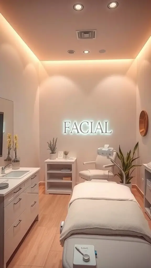 23+ Cozy Small Facial Room Ideas for a Relaxing Retreat 8 A small facial room with soft lighting, featuring a treatment chair, vanity, and plants.