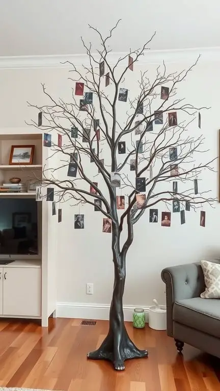 15 Creative Ways to Store and Display Old Photos 16 A decorative photo tree display with old photographs hanging from its branches.