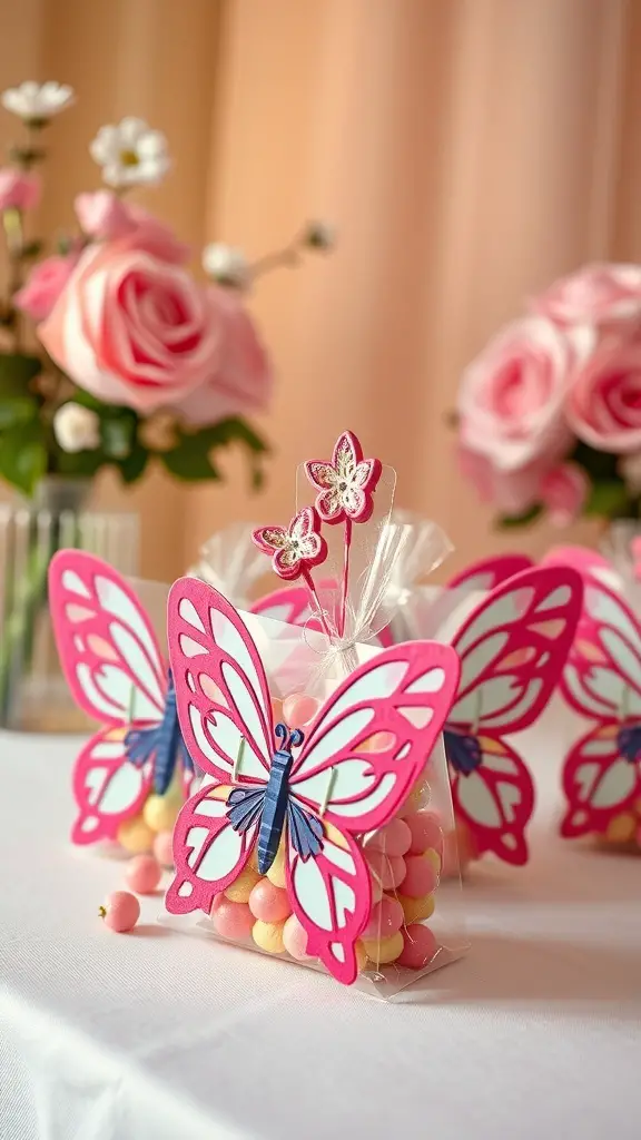 Colorful butterfly favor bags filled with candies, decorated with pink and blue butterfly designs.