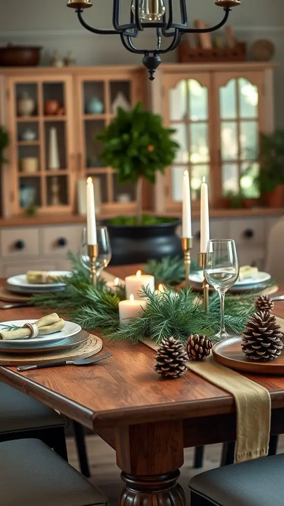 A beautifully set farmhouse dining table with natural greenery, candles, and pinecones.