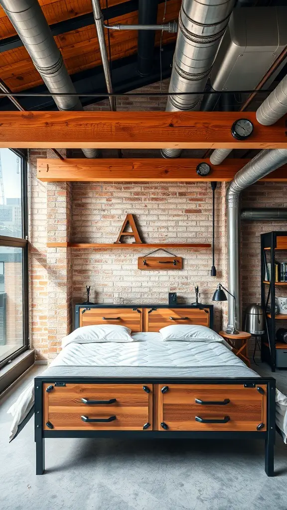 25+ Creative Loft Bed Ideas for Small Rooms 2 Industrial style loft bed with wooden accents and exposed brick wall