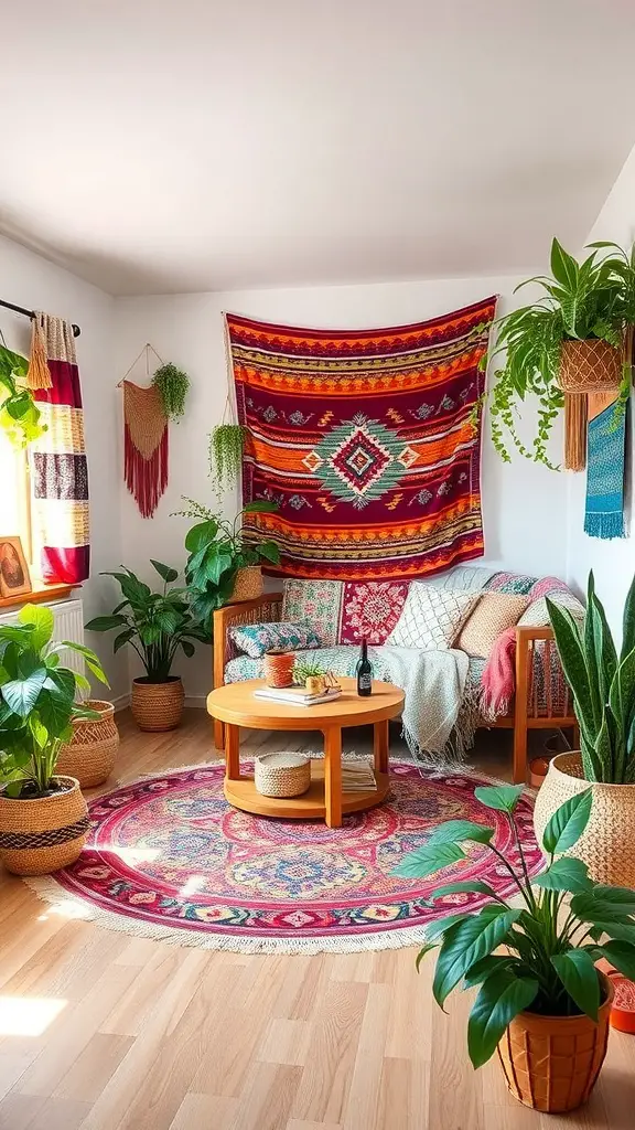 25+ Creative Bloxburg Teen Room Ideas You’ll Love 9 A colorful bohemian teen room featuring a wall tapestry, plants, and cozy furniture.