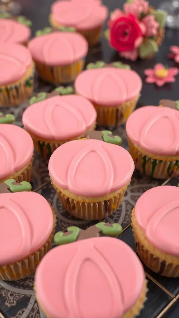 20+ Adorable Pink Pumpkin Baby Shower Ideas 2 Cupcakes decorated with pink pumpkin frosting and green leaves