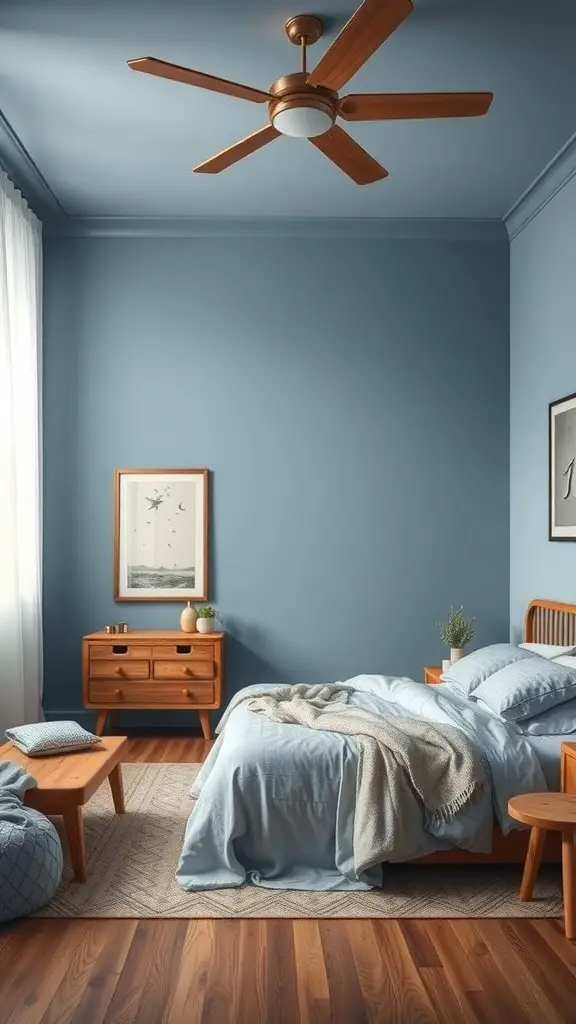 23+ Stunning Dusty Blue Bedroom Ideas to Transform Your Space 9 A cozy bedroom featuring dusty blue walls and natural wood furniture.