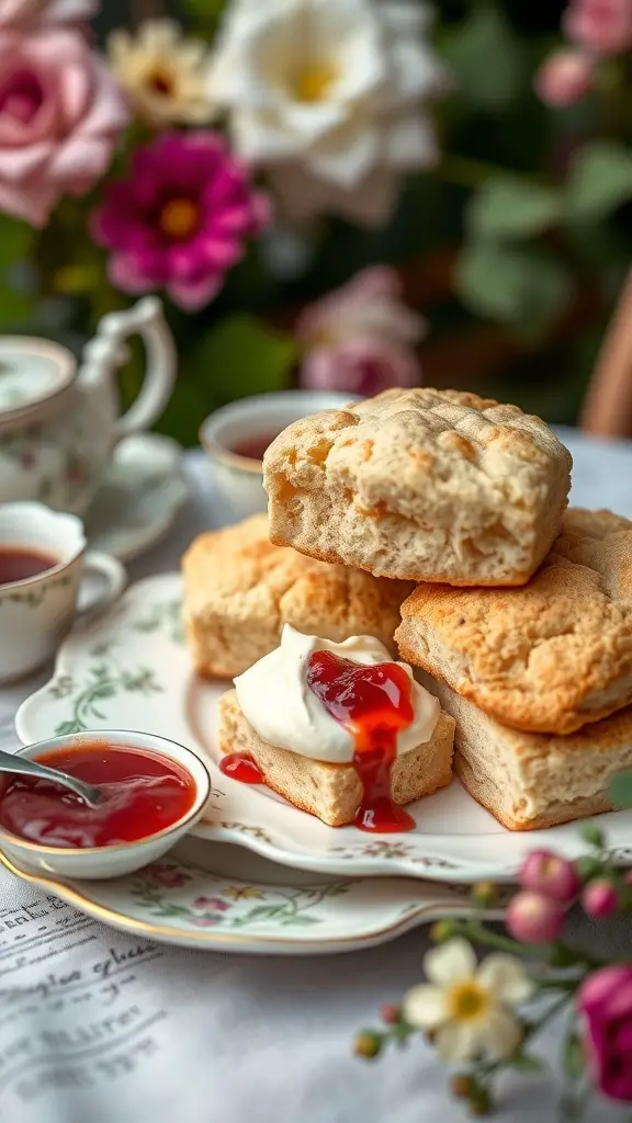 21+ Delightful Garden Tea Party Ideas for Your Next Event 13 A plate of freshly baked scones with cream and jam, surrounded by flowers and tea cups.