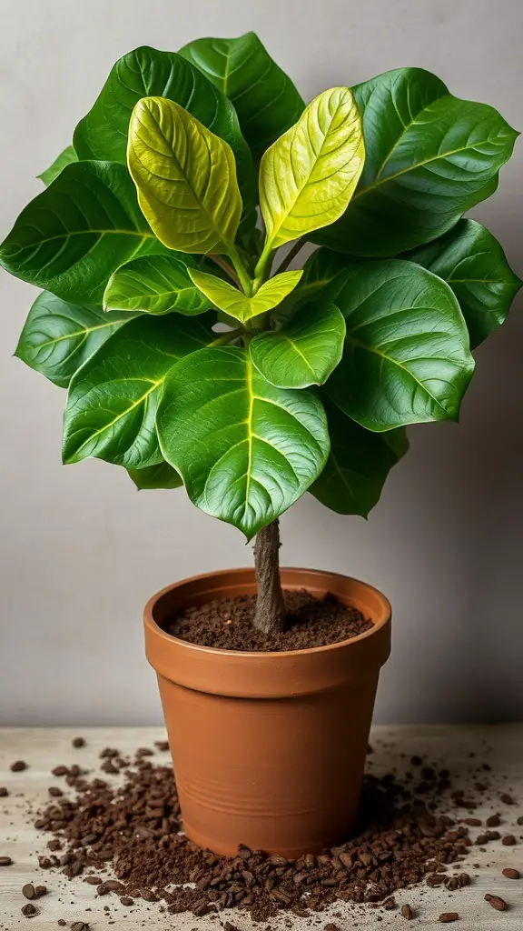 A fiddle leaf fig plant surrounded by coffee grounds