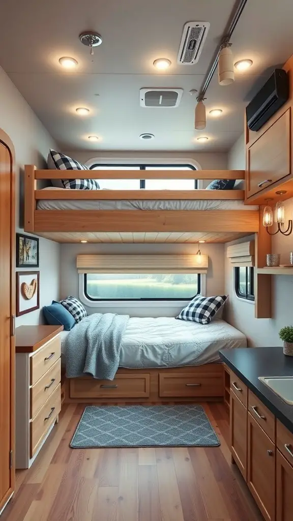 23 Creative Camper Bunk Bed Ideas for Your Next Adventure 6 A cozy camper interior featuring a lofted bunk bed with wooden accents and storage drawers.