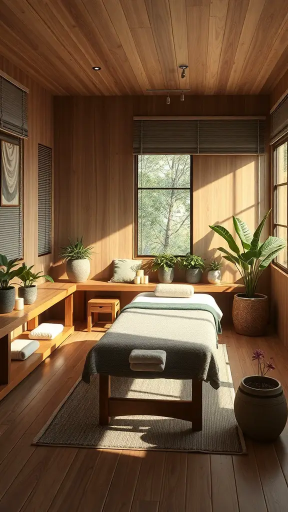 A serene massage room featuring wooden walls, plants, and natural light.
