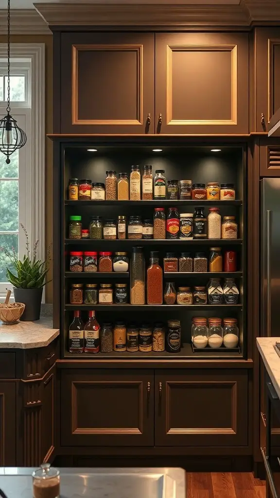 19+ Creative Spice Rack Ideas to Organize Your Kitchen 15 A stylish spice rack with built-in lighting, showcasing various spice jars and containers.
