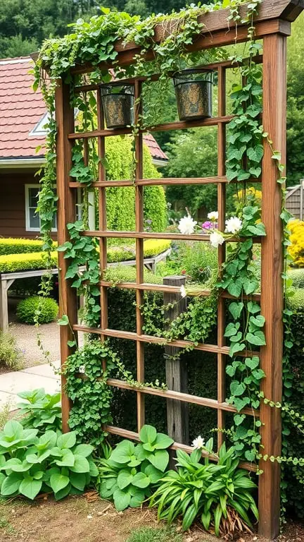 19+ Stunning Tiered Garden Ideas to Elevate Your Outdoor Space 15 Wooden trellis with climbing plants and pots