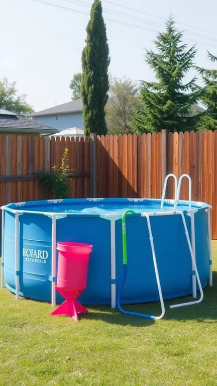 19+ Amazing Homemade Swimming Pools You'll Want to Dive Into 5 A bright blue above-ground pool with a ladder and colorful accessories in a backyard setting.