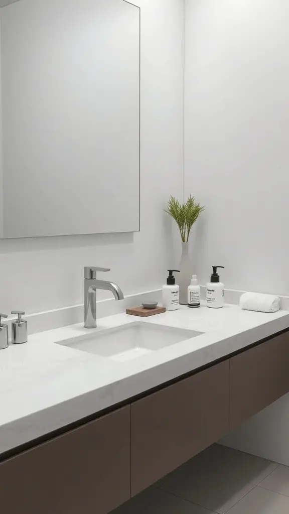 A minimalist bathroom countertop with a marble surface, stylish soap dispensers, and a small plant.