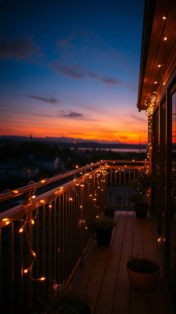 A balcony decorated with string lights at sunset