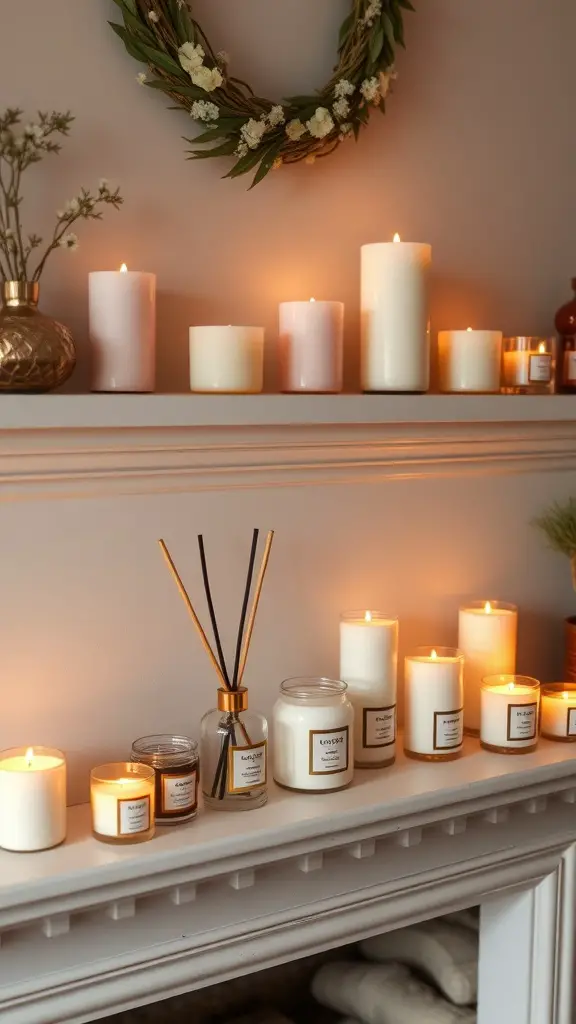 27+ Stylish Fireplace Decor Ideas You’ll Love 12 A cozy fireplace mantel decorated with various scented candles and a diffuser, creating a warm and inviting atmosphere.