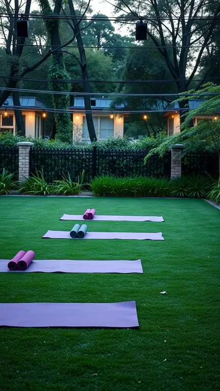 17+ Inspiring Turf Backyard Ideas for a Gorgeous Outdoor Space 17 Outdoor yoga setup with mats on turf surrounded by trees and soft lighting