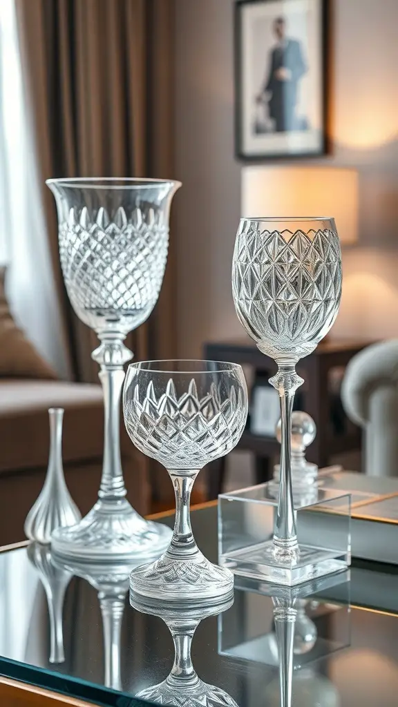 15 Creative Coffee Table Arrangement Ideas to Elevate Your Living Space 16 Elegant glass and crystal accents on a coffee table