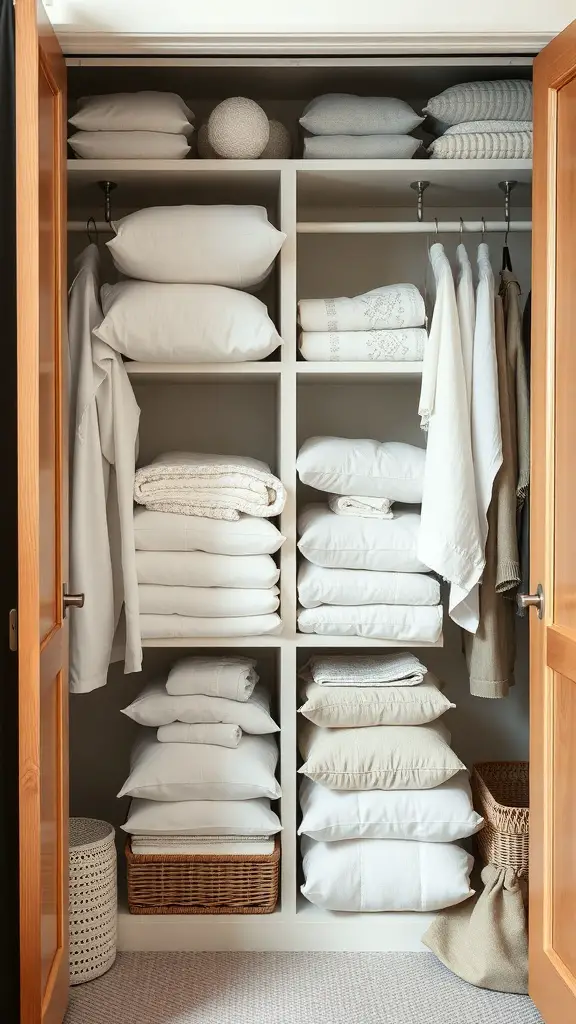 Organized linen closet with neatly folded linens and seasonal items