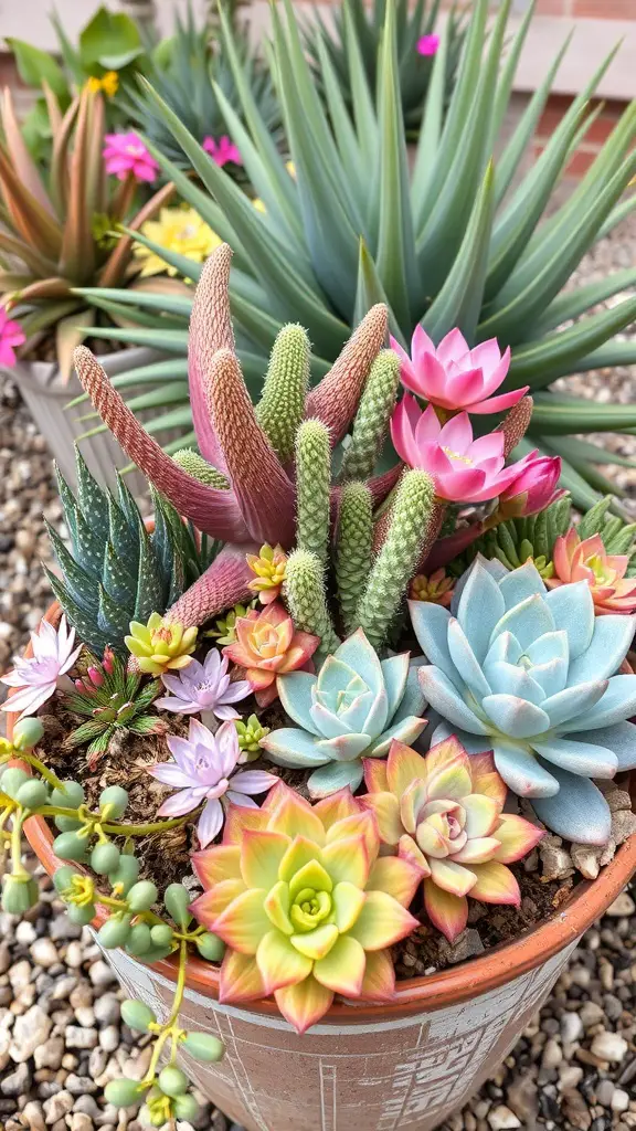 27+ Creative Xeriscape Landscaping Ideas for a Sustainable Garden 13 A colorful arrangement of various succulents in a pot, showcasing different shapes and colors.