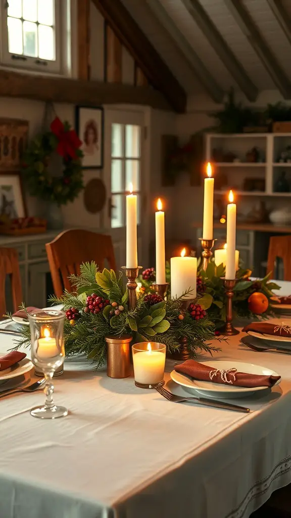 A beautifully arranged dining table with candles and greenery for Christmas decor.
