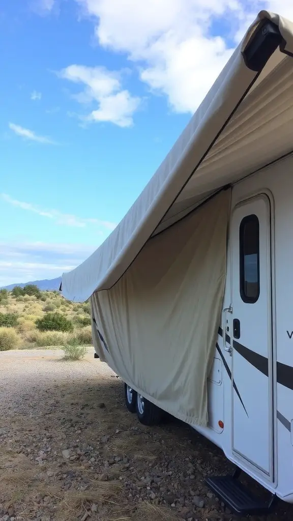 15+ Stylish RV Covers with Deck Designs to Elevate Your Outdoor Space 9 A travel trailer covered with a gray custom-fit RV cover in a gravel area.
