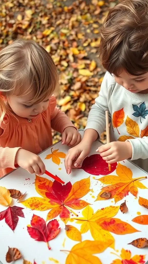 25+ Creative Fall Crafts for Toddlers 10 Two toddlers engaged in leaf printing with colorful autumn leaves