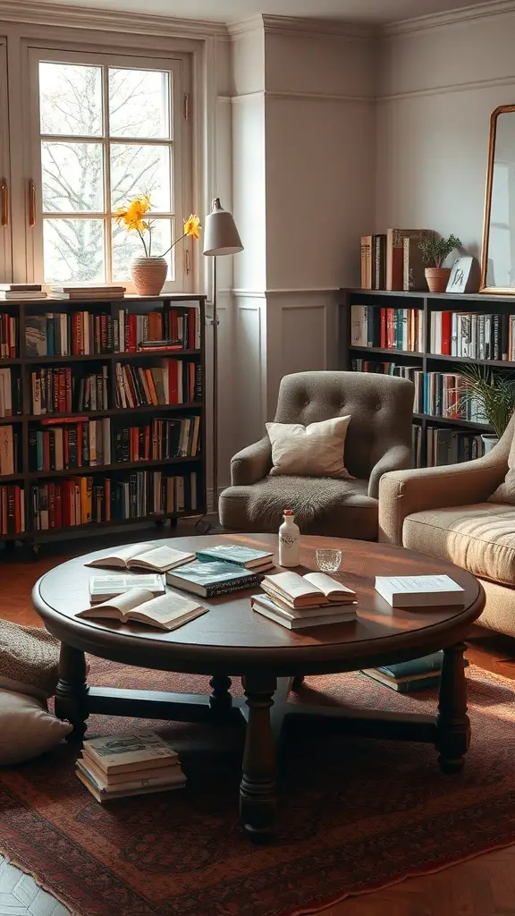 15 Creative Coffee Table Arrangement Ideas to Elevate Your Living Space 12 Cozy reading nook with a round coffee table, books, and soft seating