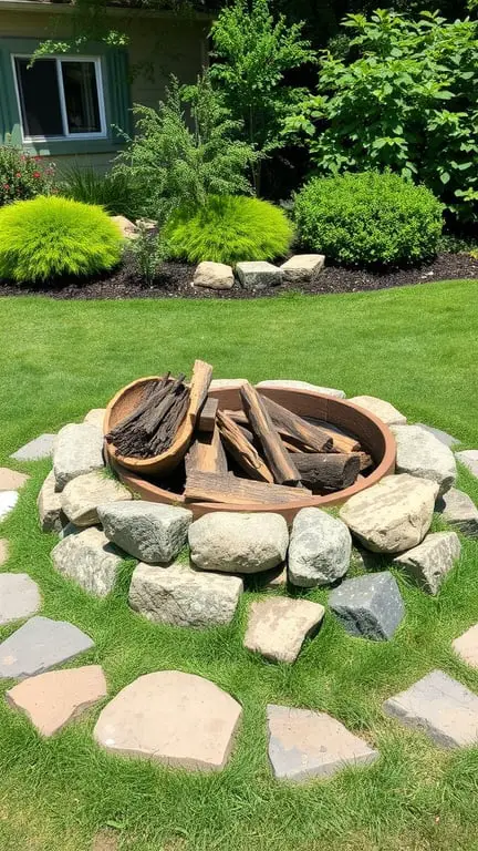 21+ Stunning Firepit Backyard Landscaping Ideas You’ll Love 6 Natural stone firepit surrounded by lush greenery and grass