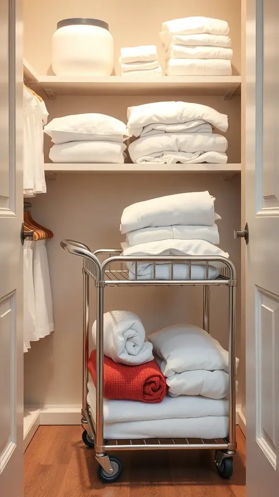 A neatly organized linen closet featuring a rolling cart filled with towels and linens.