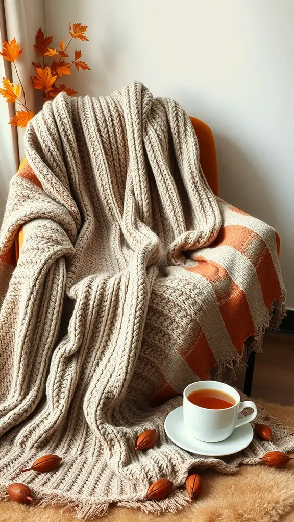 25+ Must-Try Fall Crafts for Adults 10 A cozy knit blanket draped over a chair with a cup of tea and autumn leaves.