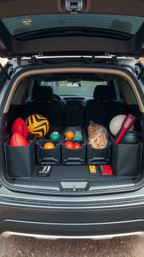 25+ Clever Car Trunk Organization Ideas to Maximize Space 4 Organized car trunk with dividers separating sports balls and snacks