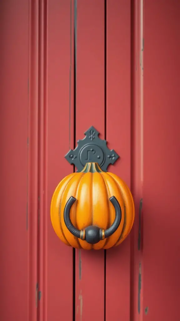 19+ Creative DIY Fall Door Hanger Ideas to Welcome the Season 11 A pumpkin-shaped door knocker on a red door