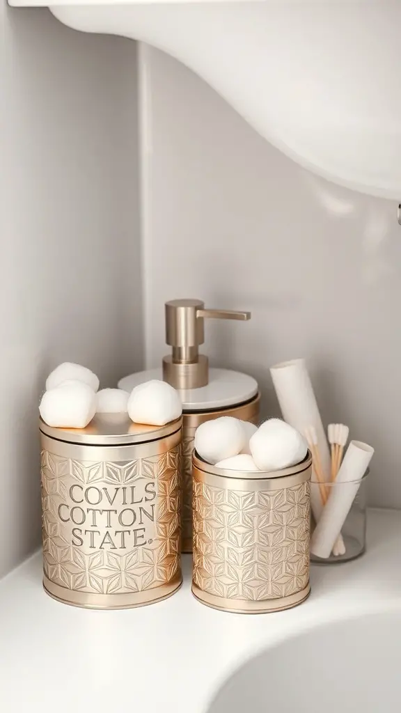 23+ Creative Under Sink Bathroom Organization Ideas with 15 Must-Have Items 11 Stylish gold canisters for organizing small bathroom items under the sink.