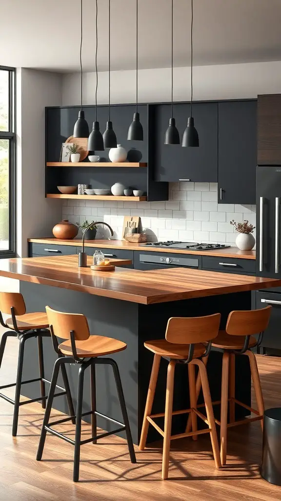 27+ Stunning Black and Natural Wood Kitchen Designs You’ll Love 8 Modern kitchen featuring a black island with a natural wood top and bar stools