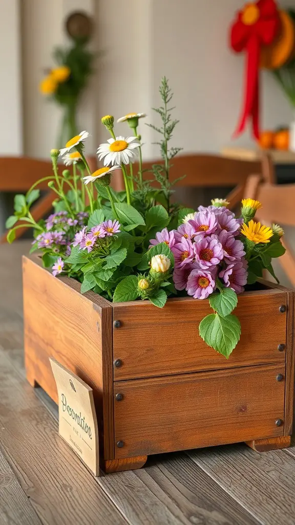 25+ Unique Plant Pot Designs You Need to Try 6 A rustic wooden planter filled with colorful flowers, showcasing a warm and natural design.