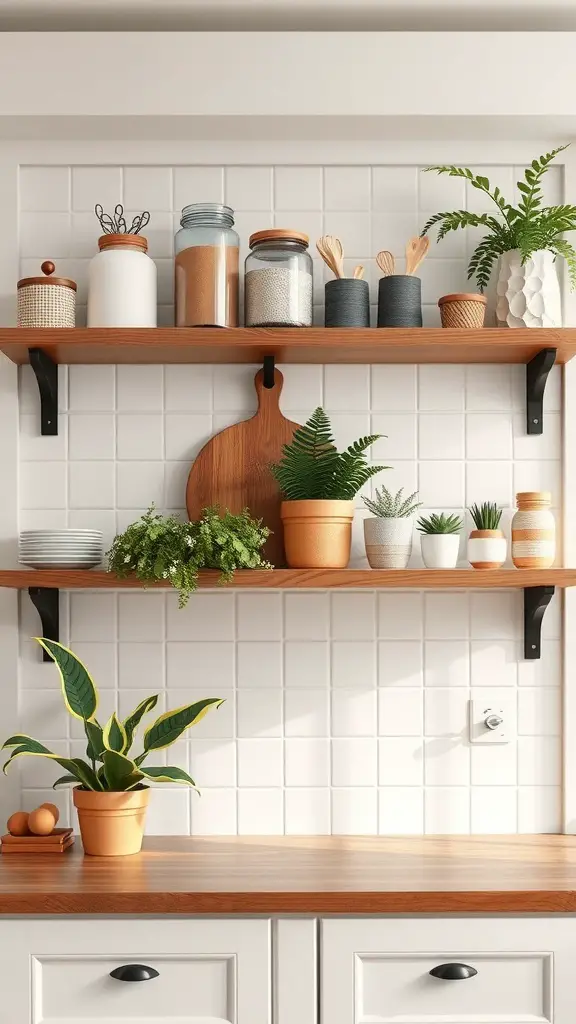 27+Creative Ideas for Decorating Space Above Kitchen Cabinets 4 Open shelves above kitchen cabinets displaying jars and plants