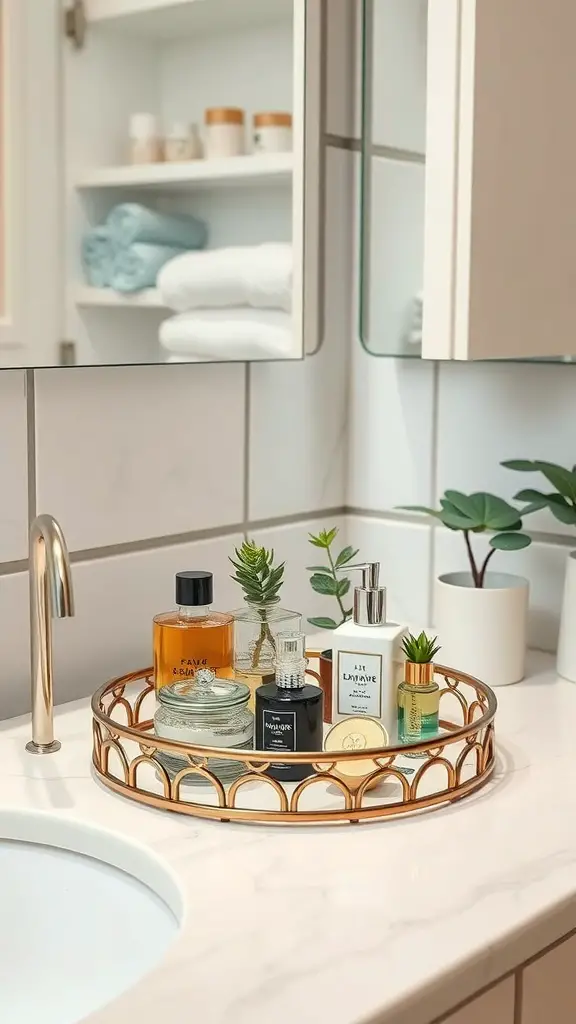 A stylish bathroom countertop with a gold tray holding various skincare and fragrance products.