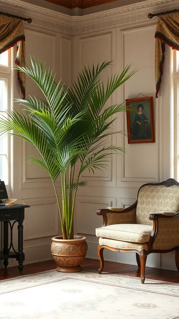 37+ Best Indoor Plants for Low Light Living Spaces 17 A Parlor Palm in a cozy room with classic decor, showcasing its lush green leaves and elegant pot.