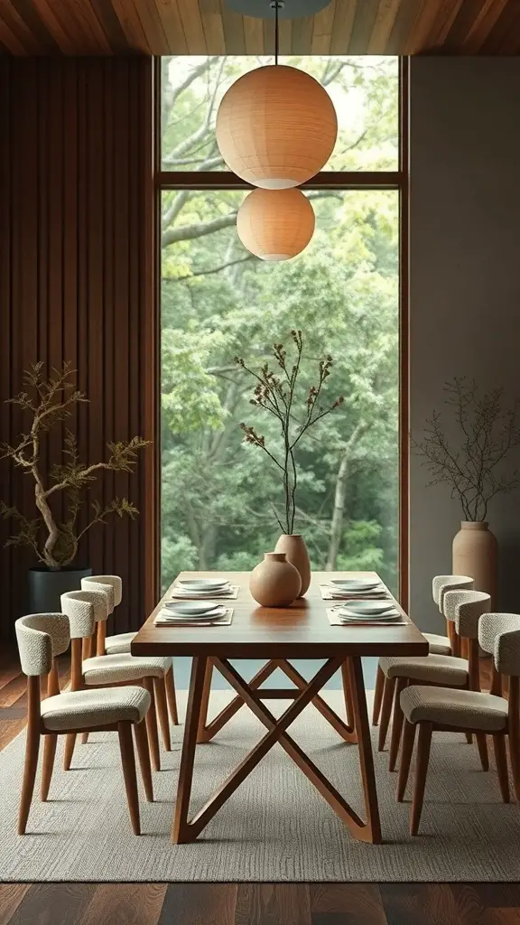 A Zen-inspired dining room featuring a wooden table, soft chairs, and large windows with a view of nature.
