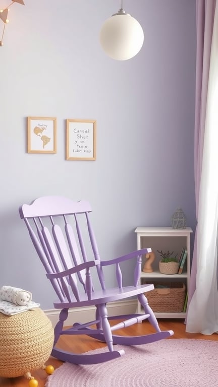 29+ Adorable Purple Nursery Ideas for Your Little One 10 A charming purple rocking chair in a nursery setting with lavender walls and cozy decor.