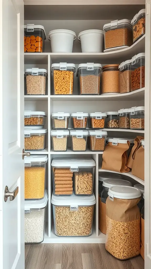 19+ Creative Small Corner Pantry Ideas to Maximize Your Space 5 Organized pantry with clear storage containers filled with various food items.
