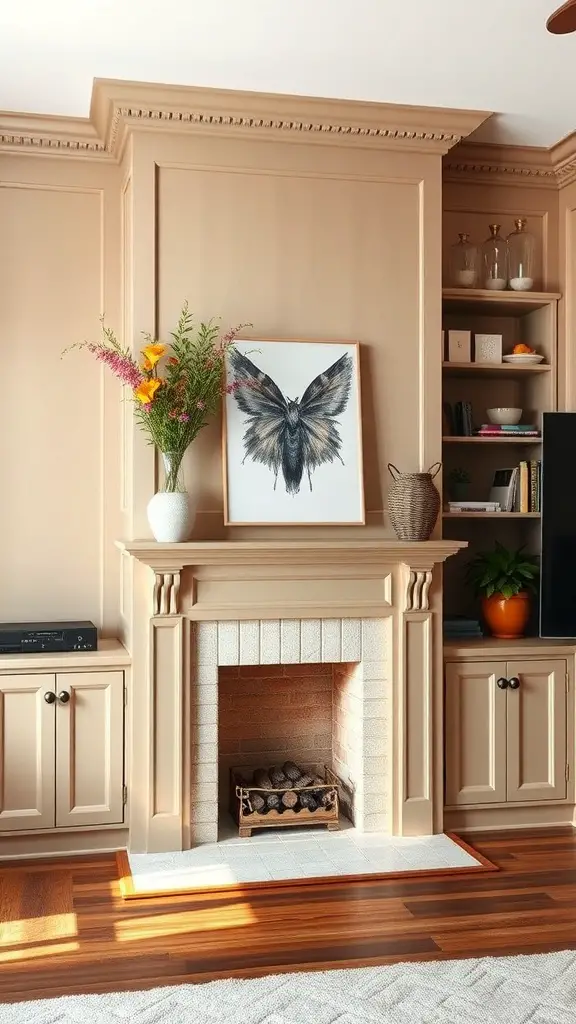 19+ Creative Fireplace Wall Ideas to Transform Your Space 17 A cozy living room with a custom built-in around a fireplace, featuring beige cabinetry, a butterfly artwork, and decorative flowers.