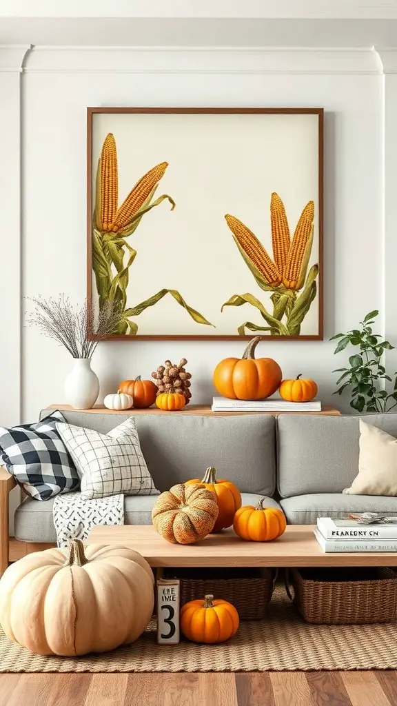 Harvest-themed wall art featuring corn with pumpkins and cozy decor